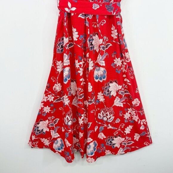 Talbots Red Blue Cream Floral Print V Neck Button Front Sash Waist Dress - Picture 13 of 16